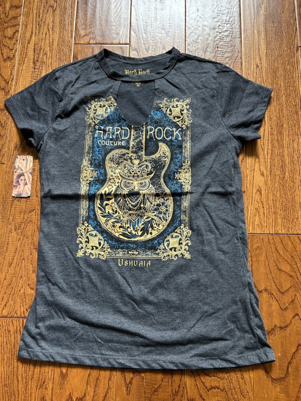 Hard Rock Couture Charcoal Tee with Gold & Blue Guitar Graphic NWT